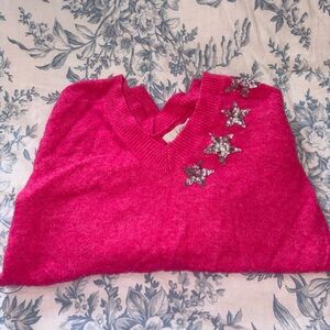 LOFT V-Neck Sweater in Pink with Silver Stars